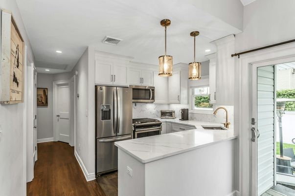 Interior, Kitchen, Pendant Lights, Recessed Lighting, Stainless Steel Appliances, Wood Texture Flooring
