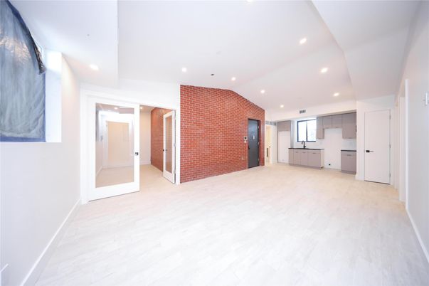 Empty room, Interior, Kitchen, Recessed Lighting, Wood Texture Flooring