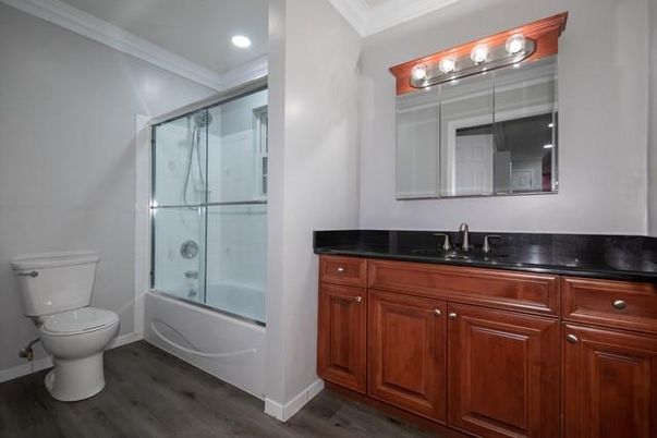 Bathroom, Glass Shower, Interior, Recessed Lighting, Wood Texture Flooring
