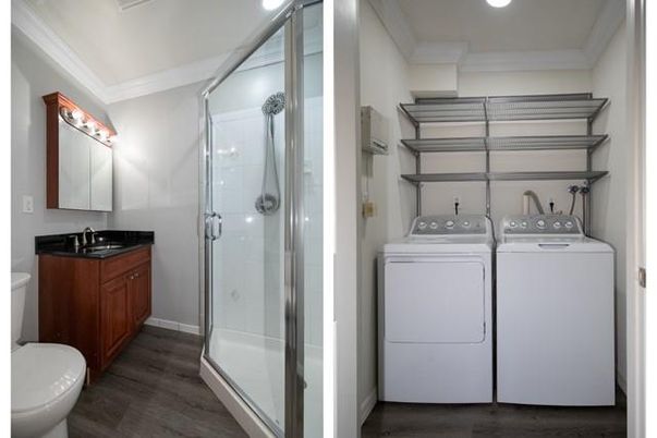 Bathroom, Glass Shower, Interior, Recessed Lighting, Utility Closets, Washer, Wood Texture Flooring