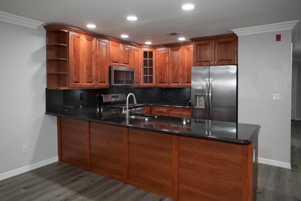 Interior, Kitchen, Recessed Lighting, Stainless Steel Appliances, Wood Texture Flooring