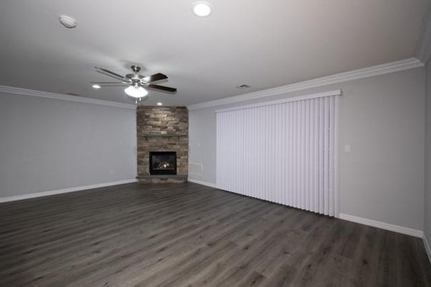 Empty room, Fireplace, Interior, Recessed Lighting, Wood Texture Flooring