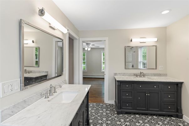 Bathroom, Dual Sink Vanities, Interior, Recessed Lighting, Wood Texture Flooring