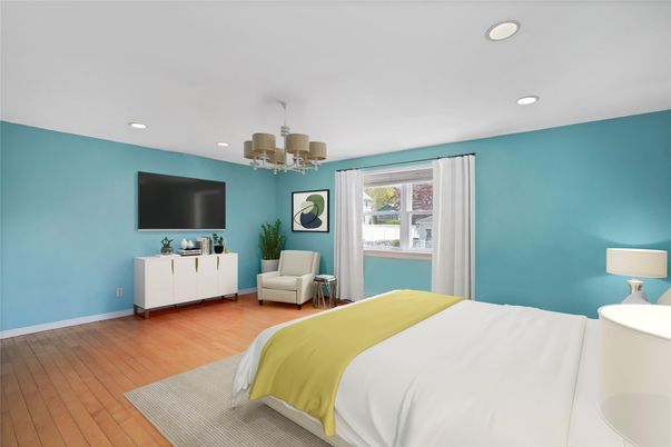 Bedroom, Chandelier, Interior, Recessed Lighting, Wood Texture Flooring