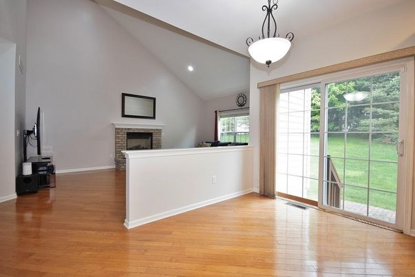 Fireplace, Interior, Pendant Lights, Recessed Lighting, Wood Texture Flooring