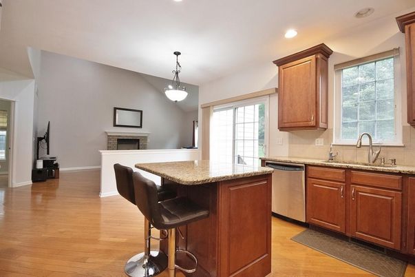 Fireplace, Interior, Kitchen, Pendant Lights, Recessed Lighting, Wood Texture Flooring