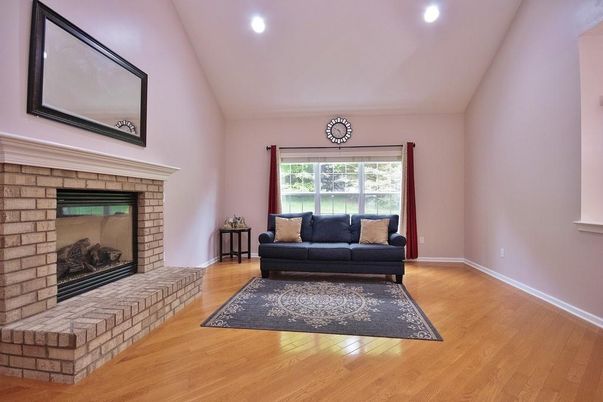 Fireplace, Interior, Recessed Lighting, Wood Texture Flooring
