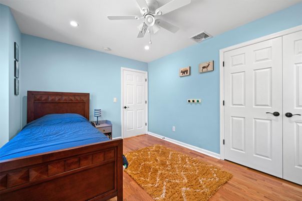Bedroom, Interior, Recessed Lighting, Wood Texture Flooring