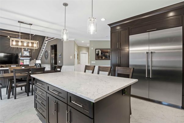 Dining room, Interior, Kitchen, Marble, Pendant Lights, Recessed Lighting, Stainless Steel Appliances