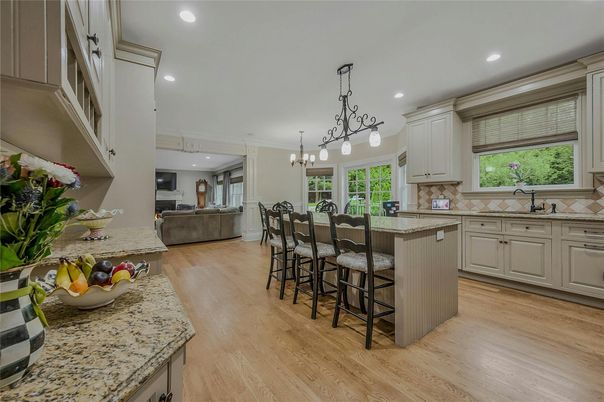 Chandelier, Dining room, Interior, Kitchen, Living room, Pendant Lights, Recessed Lighting, Wood Texture Flooring
