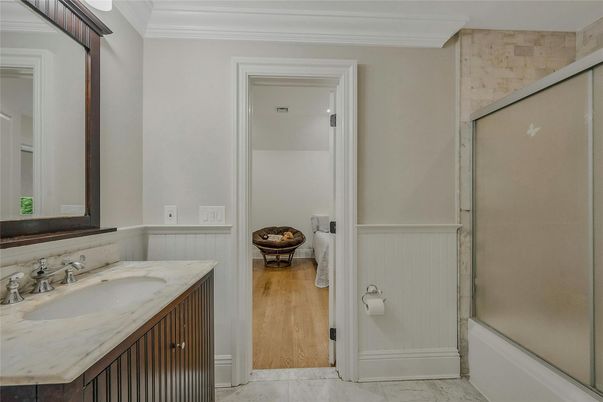 Bathroom, Glass Shower, Interior, Marble, Wood Texture Flooring