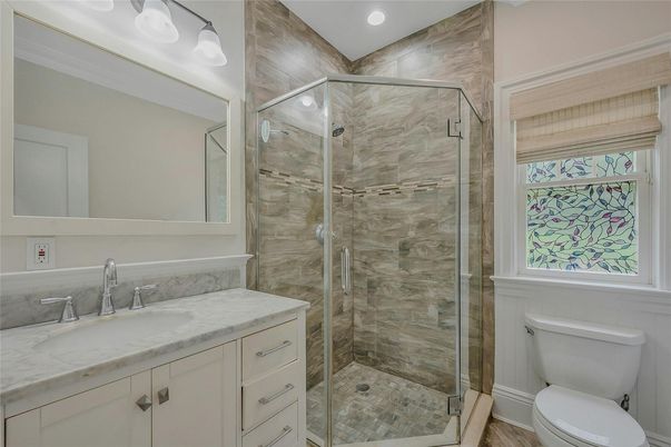 Bathroom, Glass Shower, Interior, Marble Walls, Recessed Lighting