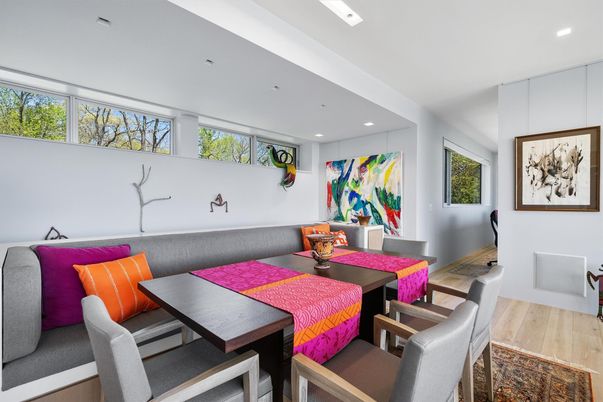 Dining room, Interior, Recessed Lighting, Wood Texture Flooring
