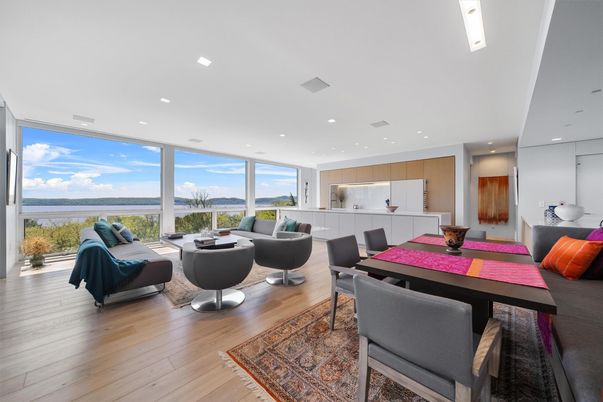 Dining room, Interior, Kitchen, Living room, Recessed Lighting, Water, Wood Texture Flooring
