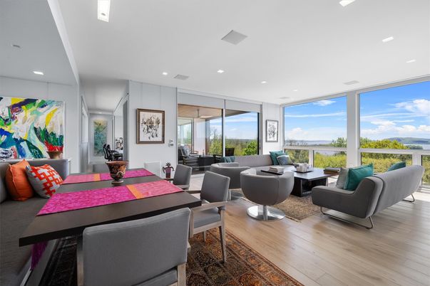 Dining room, Interior, Living room, Recessed Lighting, Wood Texture Flooring