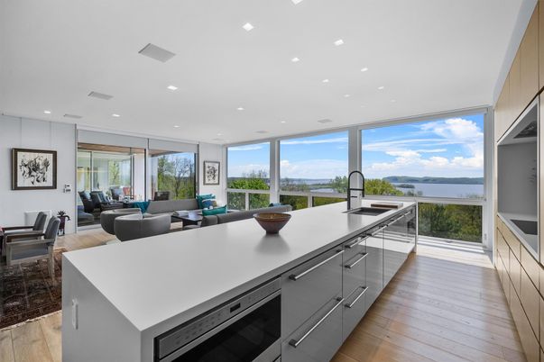 Dining room, Interior, Kitchen, Recessed Lighting, Stainless Steel Appliances, Water, Wood Texture Flooring