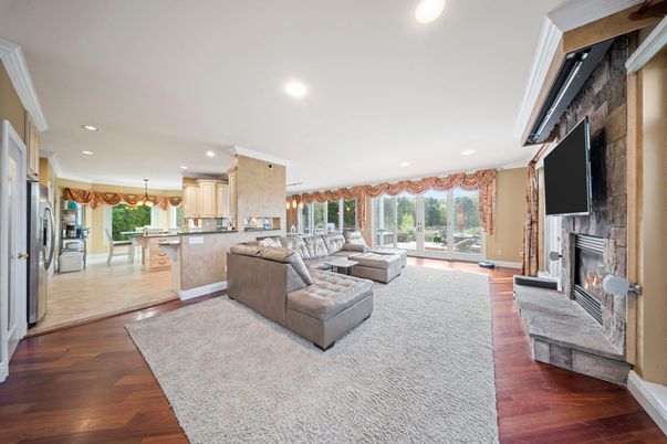 Fireplace, Interior, Kitchen, Living room, Pendant Lights, Recessed Lighting, Wood Texture Flooring