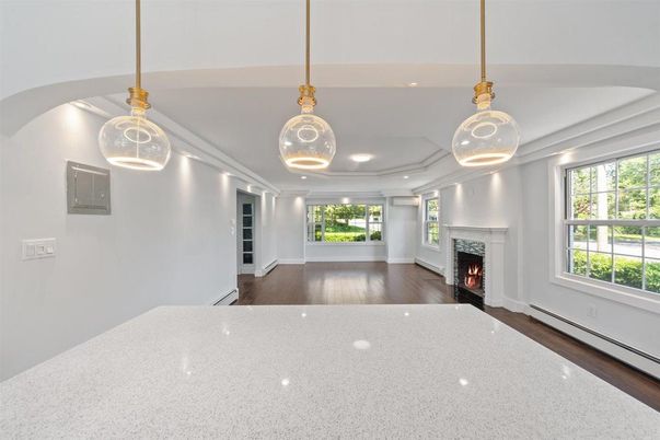 Empty room, Fireplace, Interior, Pendant Lights, Recessed Lighting, Wood Texture Flooring