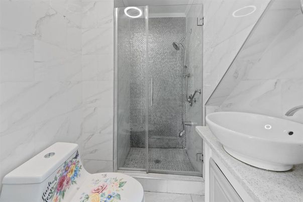 Bathroom, Glass Shower, Interior, Marble Walls, Recessed Lighting