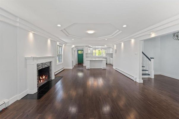Fireplace, Interior, Recessed Lighting, Wood Texture Flooring