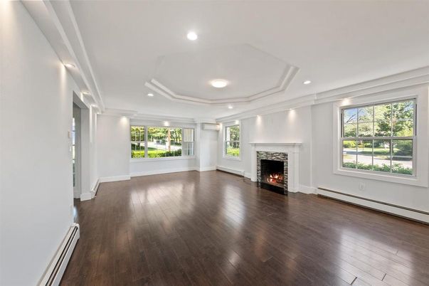 Empty room, Fireplace, Interior, Recessed Lighting, Wood Texture Flooring