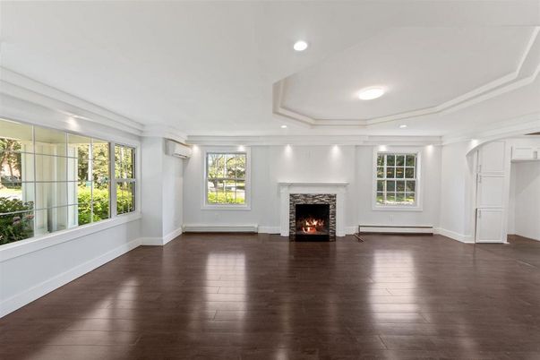 Empty room, Fireplace, Interior, Recessed Lighting, Wood Texture Flooring