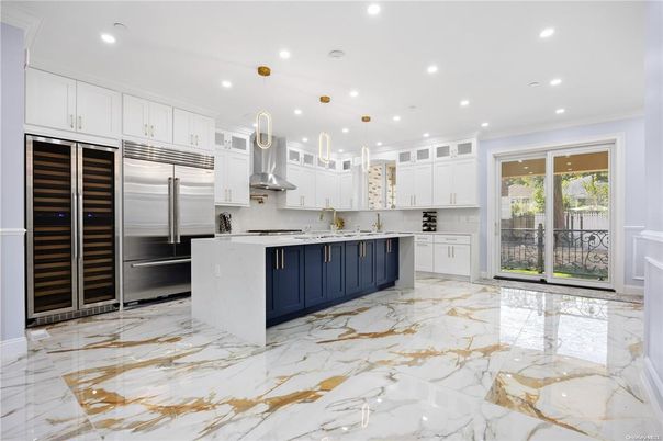 Interior, Kitchen, Marble, Pendant Lights, Recessed Lighting, Stainless Steel Appliances