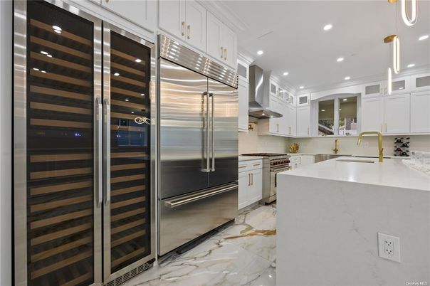 Interior, Kitchen, Marble, Pendant Lights, Recessed Lighting, Stainless Steel Appliances