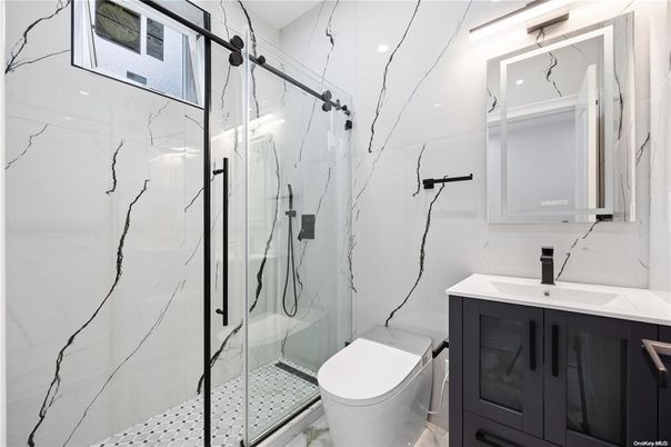 Bathroom, Glass Shower, Interior, Marble Walls, Recessed Lighting
