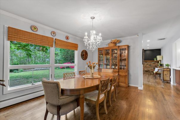 Chandelier, Dining room, Interior, Recessed Lighting, Wood Texture Flooring