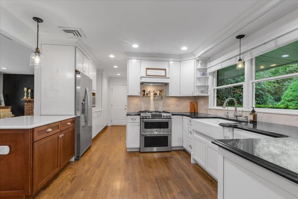 Interior, Kitchen, Pendant Lights, Recessed Lighting, Stainless Steel Appliances, Wood Texture Flooring