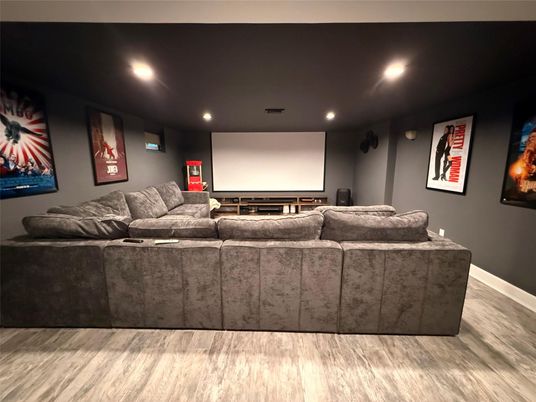 Interior, Projection Screen, Recessed Lighting, Theatre Room, Wood Texture Flooring