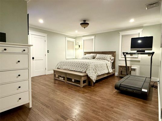 Bedroom, Interior, Recessed Lighting, Wood Texture Flooring