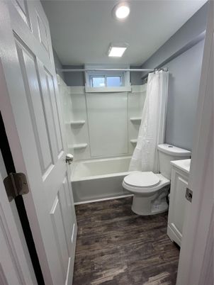 Bathroom, Interior, Recessed Lighting, Wood Texture Flooring
