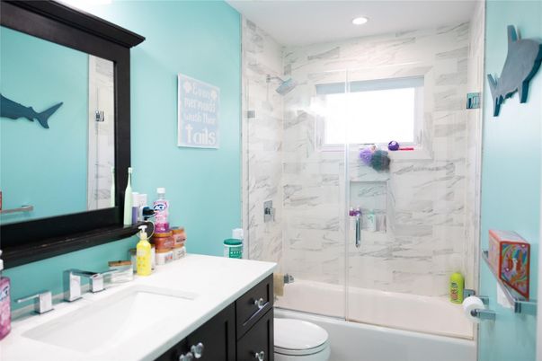 Bathroom, Glass Shower, Interior, Marble Walls, Recessed Lighting