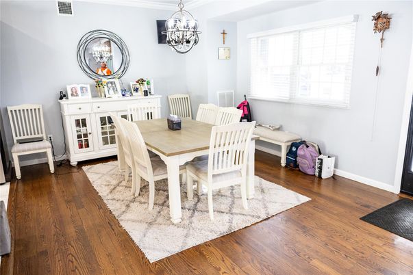 Dining room, Interior, Pendant Lights, Wood Texture Flooring