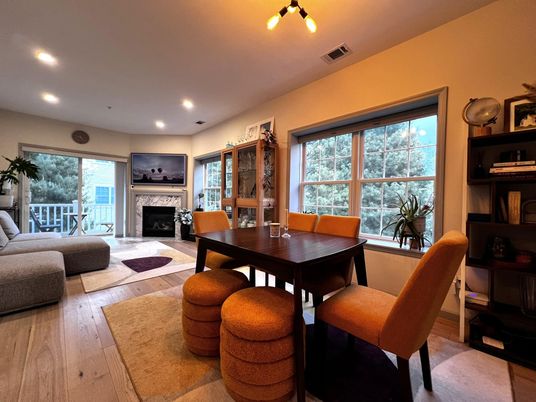 Dining room, Fireplace, Interior, Living room, Recessed Lighting, Wood Texture Flooring