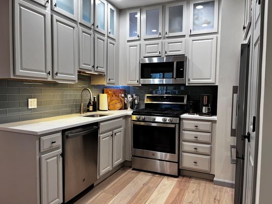 Interior, Kitchen, Recessed Lighting, Stainless Steel Appliances, Wood Texture Flooring