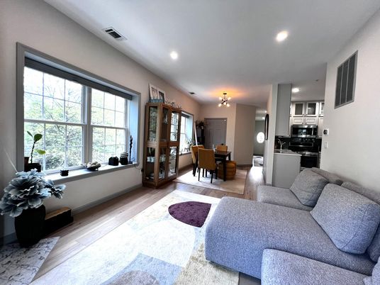 Dining room, Interior, Kitchen, Living room, Recessed Lighting, Stainless Steel Appliances, Wood Texture Flooring