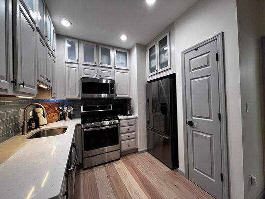 Interior, Kitchen, Recessed Lighting, Stainless Steel Appliances, Wood Texture Flooring