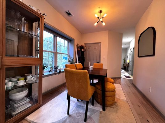 Dining room, Interior, Pendant Lights, Wood Texture Flooring
