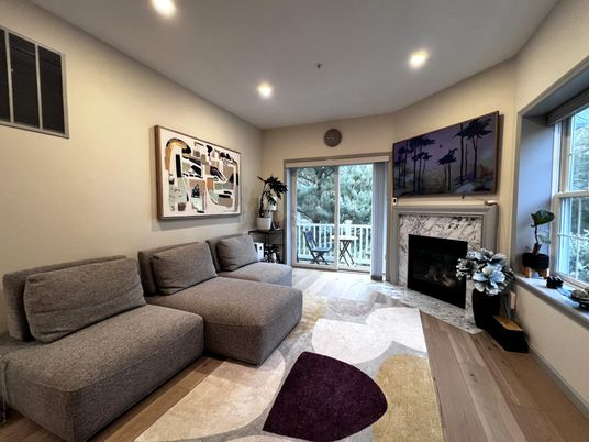 Fireplace, Interior, Living room, Recessed Lighting, Wood Texture Flooring