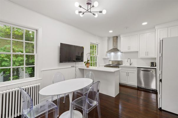 Dining room, Interior, Kitchen, Pendant Lights, Recessed Lighting, Stainless Steel Appliances, Wood Texture Flooring