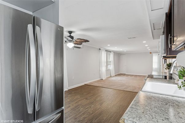 Empty room, Interior, Kitchen, Recessed Lighting, Wood Texture Flooring