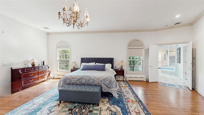 Bedroom, Chandelier, Interior, Recessed Lighting, Wood Texture Flooring