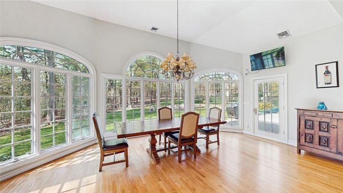 Chandelier, Dining room, Interior, Sun Room, Wood Texture Flooring