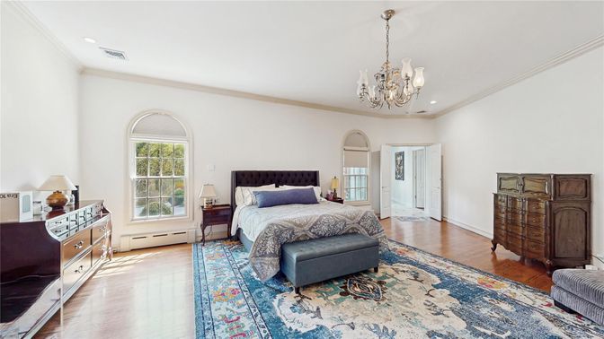 Bedroom, Chandelier, Interior, Recessed Lighting, Wood Texture Flooring