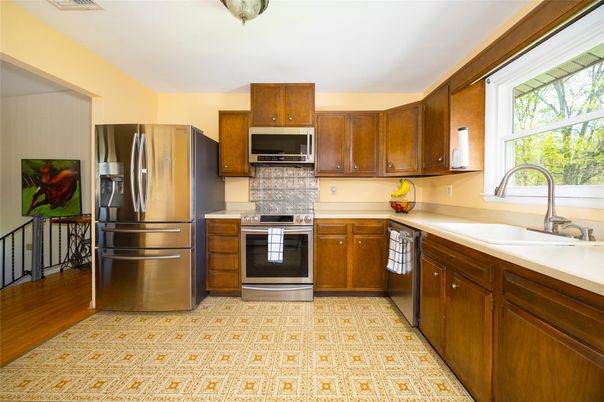 Interior, Kitchen, Stainless Steel Appliances, Wood Texture Flooring