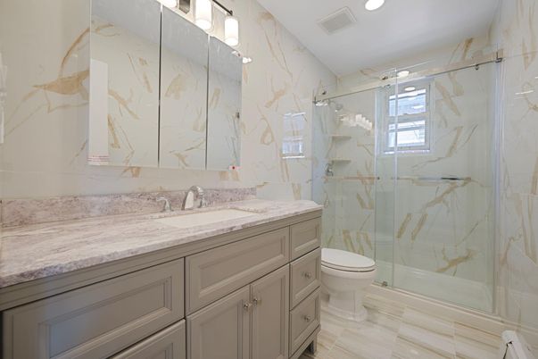 Bathroom, Glass Shower, Interior, Marble Walls, Recessed Lighting