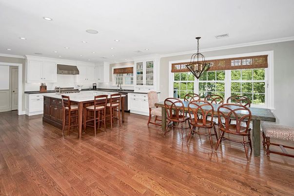 Dining room, Interior, Kitchen, Pendant Lights, Recessed Lighting, Wood Texture Flooring